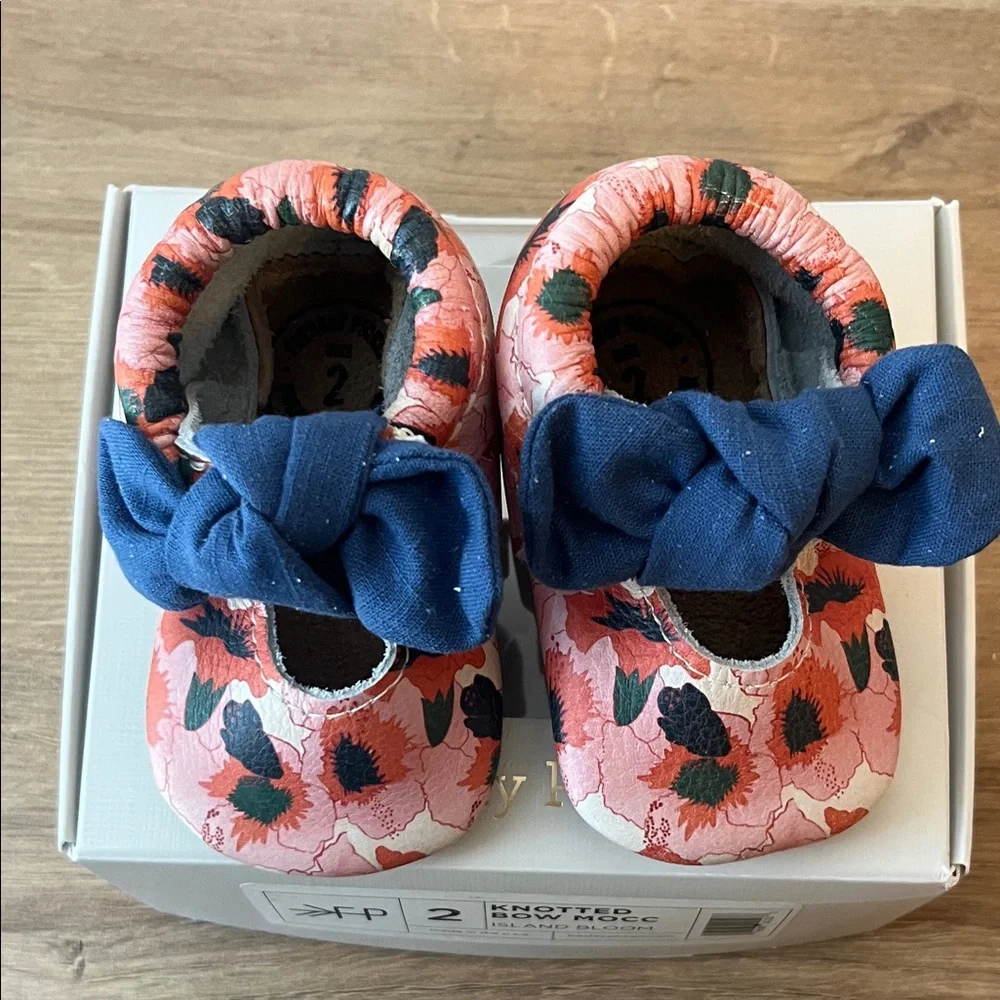 Freshly Picked Pink Floral Moccasins with Navy Knotted Bow